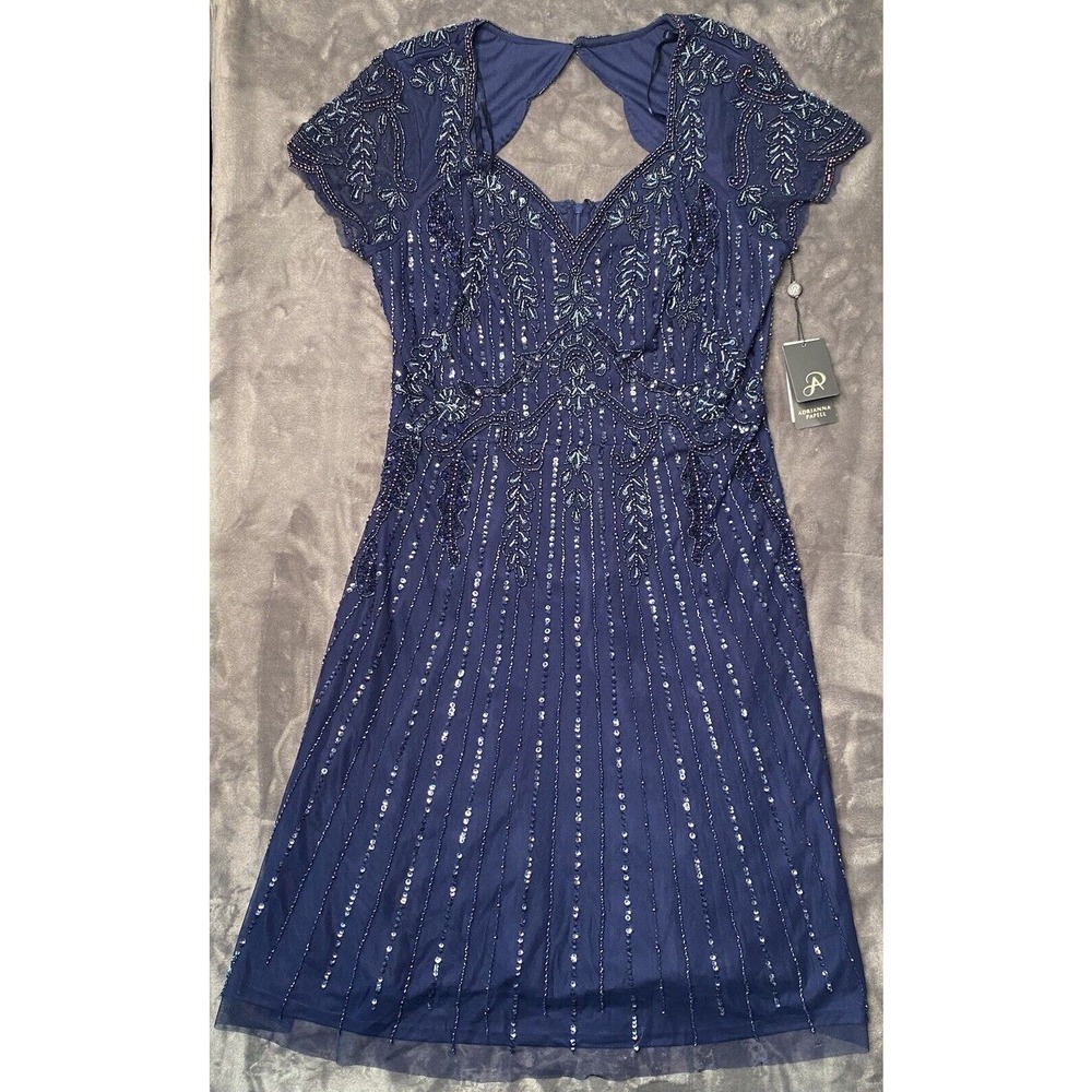 Adrianna Papell Beaded Midi Dress Women's 14 Navy Blue V Neck